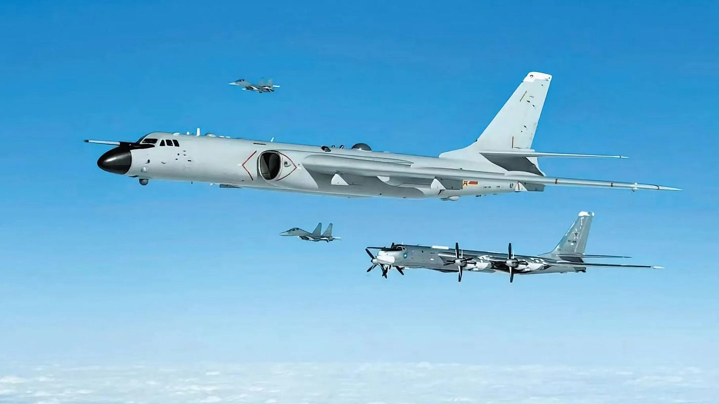 Joint China-Russia bomber patrol over maritime areas.