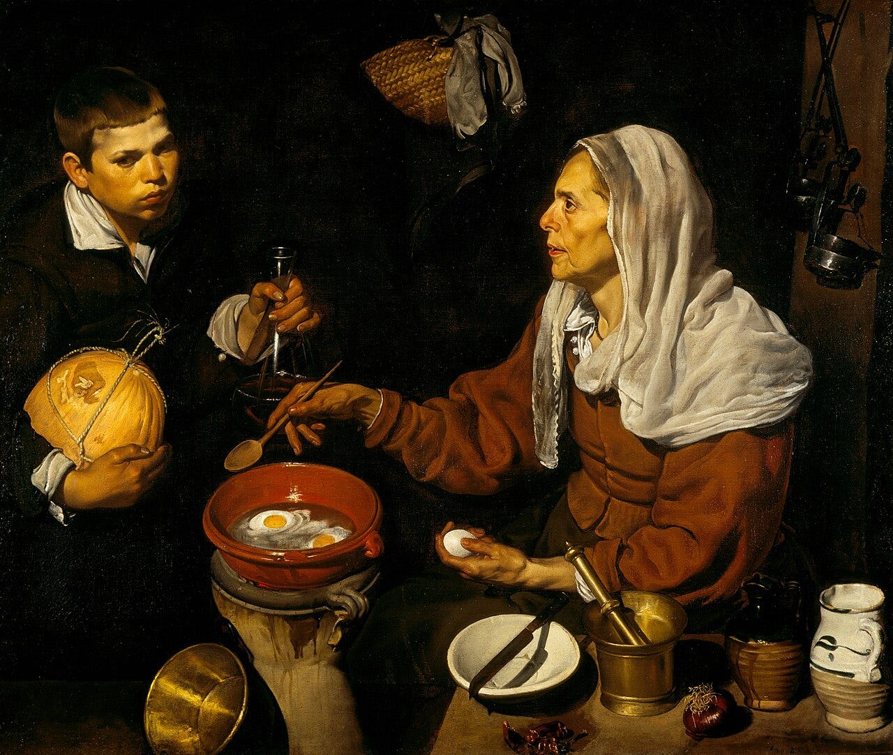 Velazquez's old woman frying eggs, an egg visibly setting in hot oil Velazquez's old woman frying eggs, an egg visibly setting in hot oil
