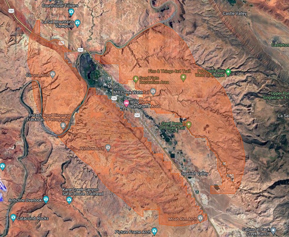A map of Moab showing that it's surrounded by BLM land, but that this land is mostly mountainous. A map of Moab showing that it's surrounded by BLM land, but that this land is mostly mountainous.