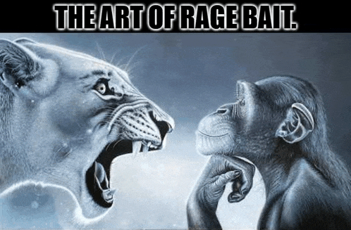 a lion and a chimpanzee are looking at each other with the words `` the art of rage bait '' below them . a lion and a chimpanzee are looking at each other with the words `` the art of rage bait '' below them .