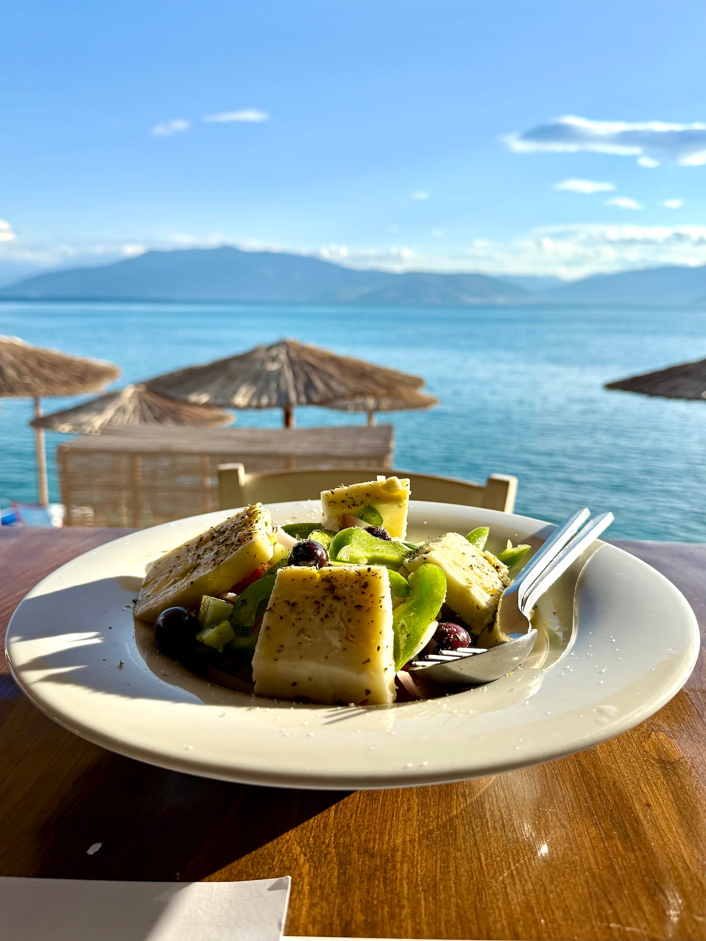 Greek Salad in front of Paralia Arvanitias, Nafplio, Greece