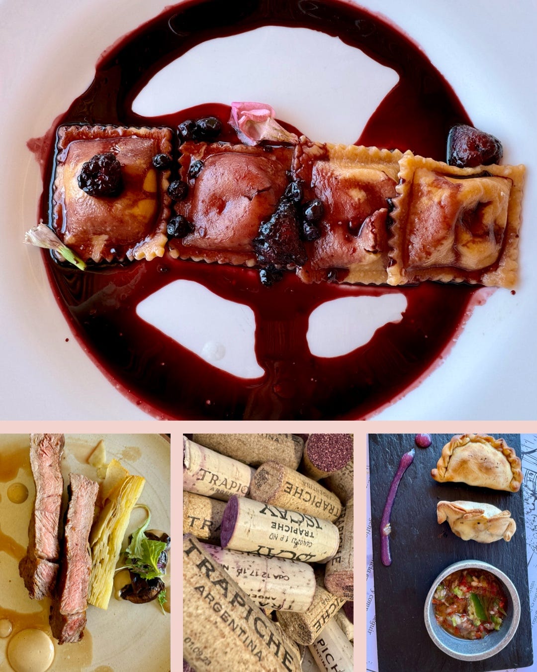 Foto 1. raviolones al Malbec. Foto 2. carne vacuno al punto medio con patatas. Foto 3. corchos de la bodega Trapich. Foto 4, plato de pizarra con dos empanadillas y salsa. Fotos de María Luz Rodríguez. Foto 1. raviolones al Malbec. Foto 2. carne vacuno al punto medio con patatas. Foto 3. corchos de la bodega Trapich. Foto 4, plato de pizarra con dos empanadillas y salsa. Fotos de María Luz Rodríguez.
