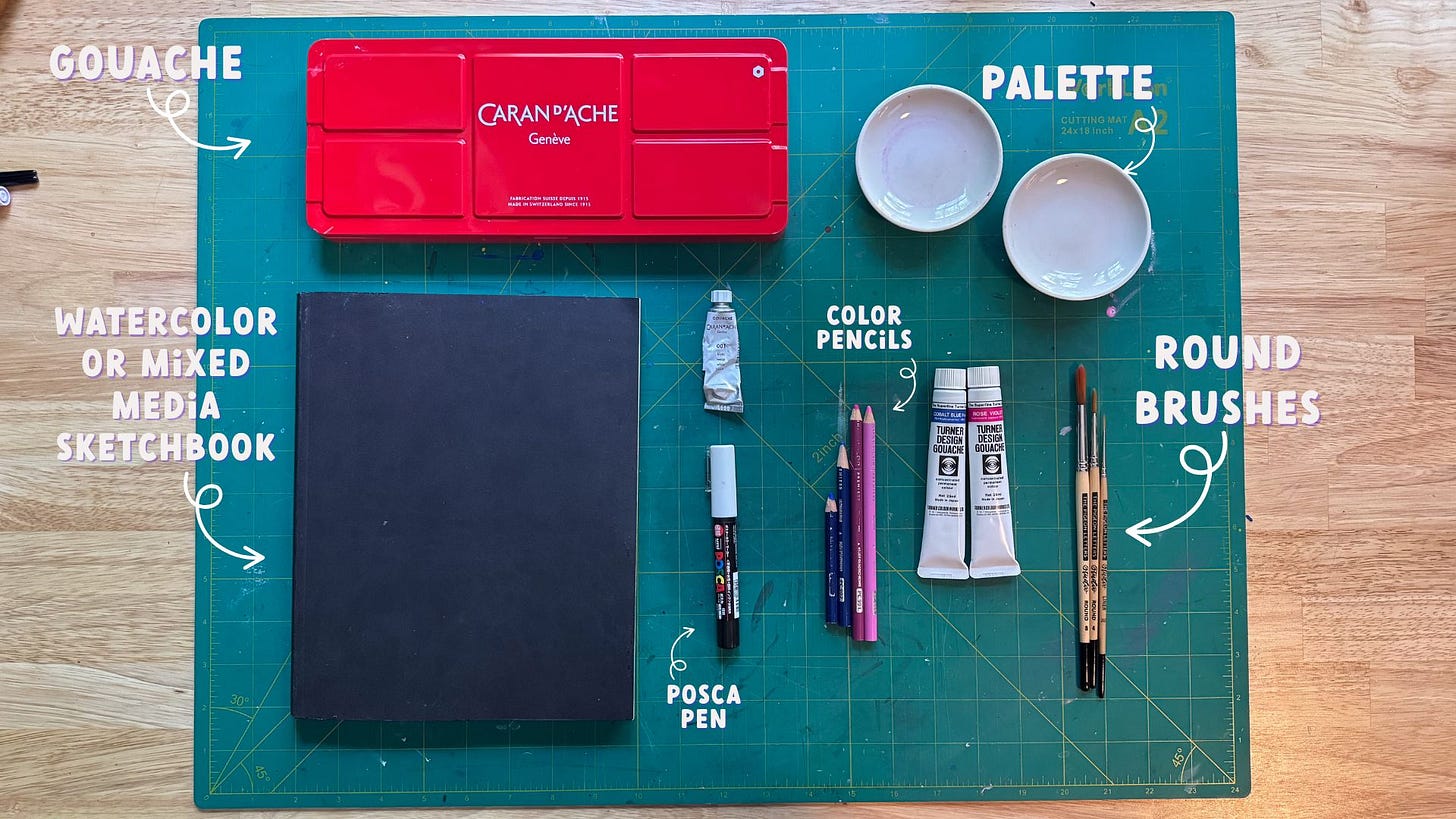 A flatlay showing materials used in the project including: gouache, sketchbook, color pencils, a posca pen, paint palettes, and paint brushes
