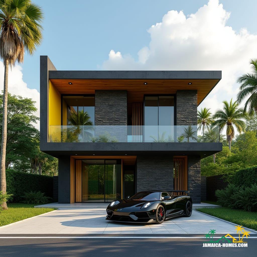 "Create an extraordinary, buildable modern Jamaican home in the Caribbean. Architecture is a fusion of gothic modern and barn conversion, featuring black concrete, brick, cement, and natural wood, with extensive glass walls and large windows. Incorporate vibrant Jamaican colors—bright greens, yellows, and blacks—as accent panels, trims, or exterior features, blending with the dark modern base. Dramatic angular lines, vaulted ceilings, and a mix of textures give it a bold, contemporary feel. Surround with tropical landscaping, palm trees, and a luxury car on a sleek driveway. The scene is sunny, vibrant, and unmistakably Caribbean. Ultra-realistic rendering, cinematic lighting, 8K resolution.