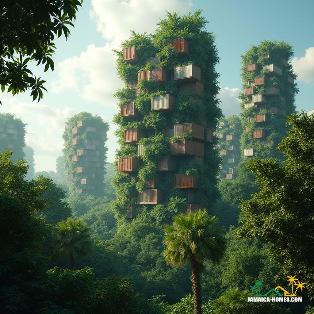 Vertical Jungle Towers: Biophilic skyscrapers where vines and tropical trees weave through stacked container homes