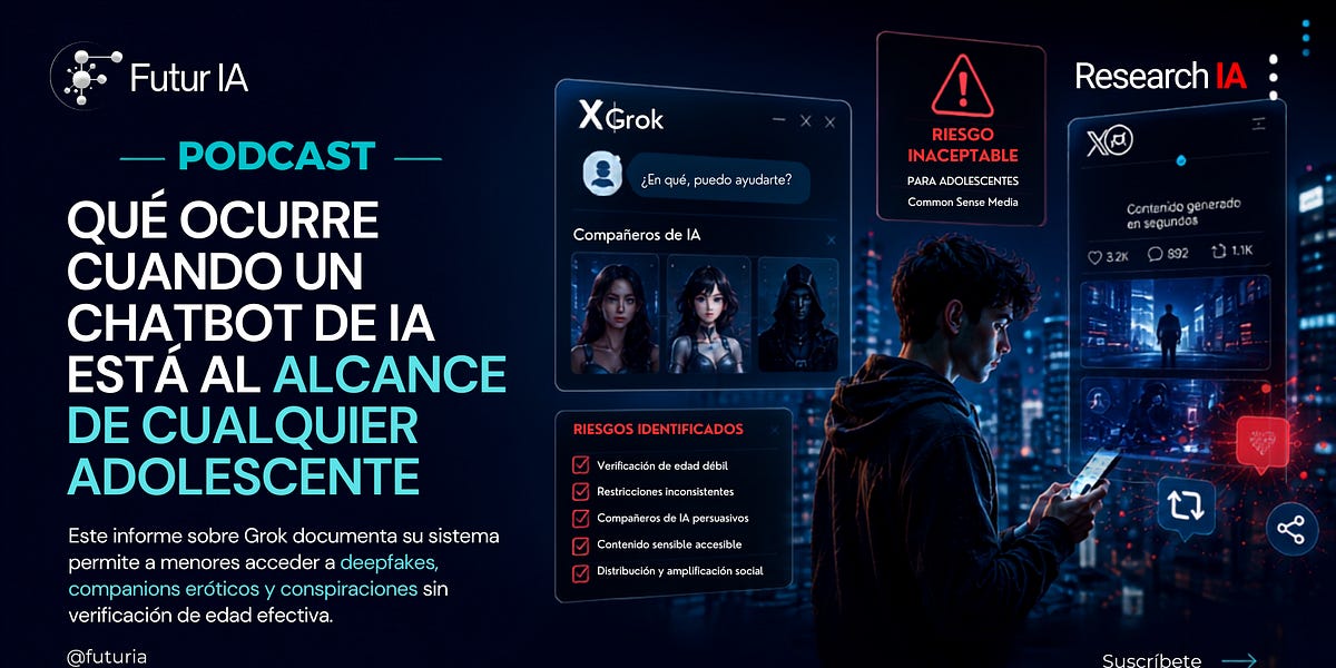 Portada del episodio de FuturIA Research IA sobre la evaluación de riesgo de Grok para adolescentes
