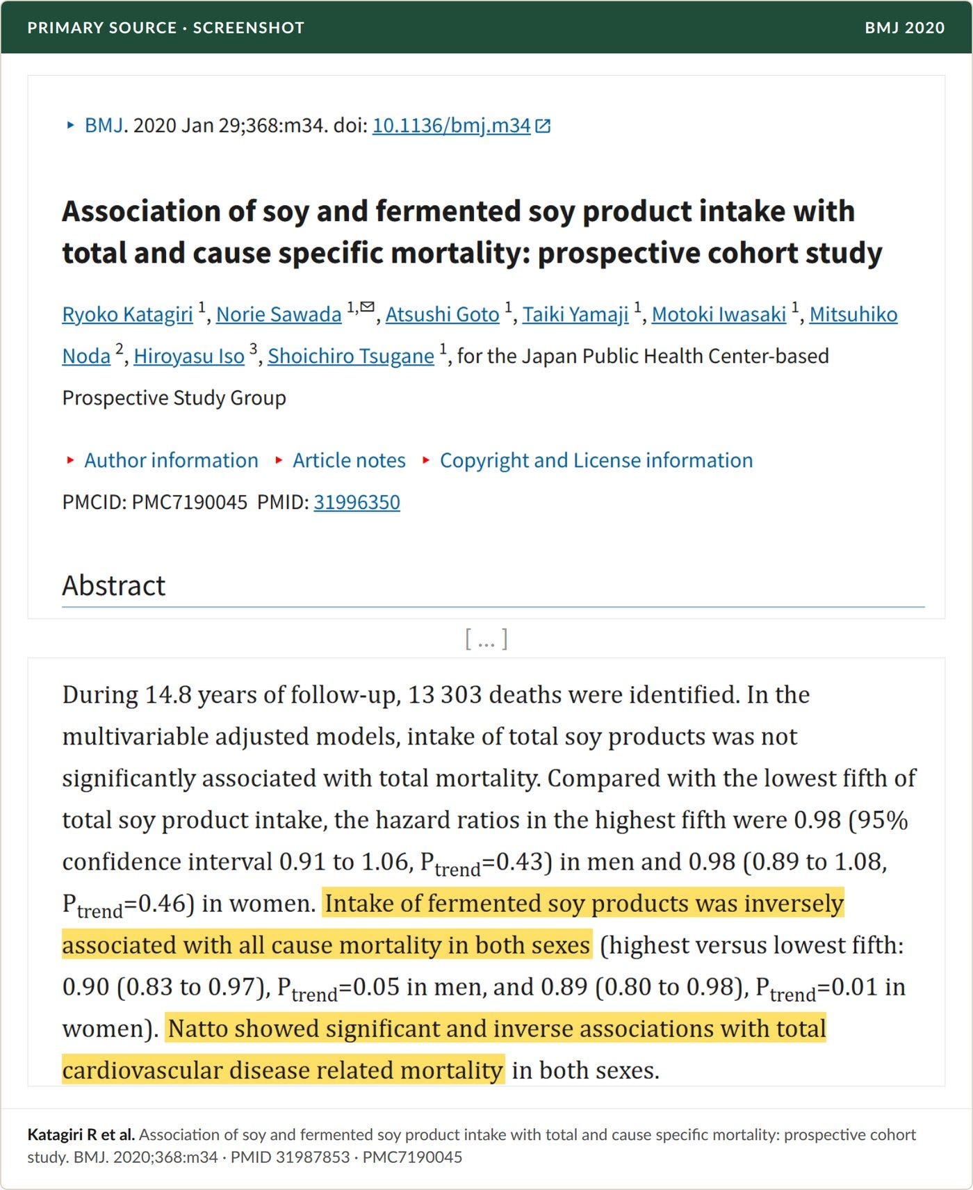 Katagiri et al., BMJ 2020: 92,915 adults followed for nearly 15 years. Fermented soy, not total soy, tracked with lower mortality.