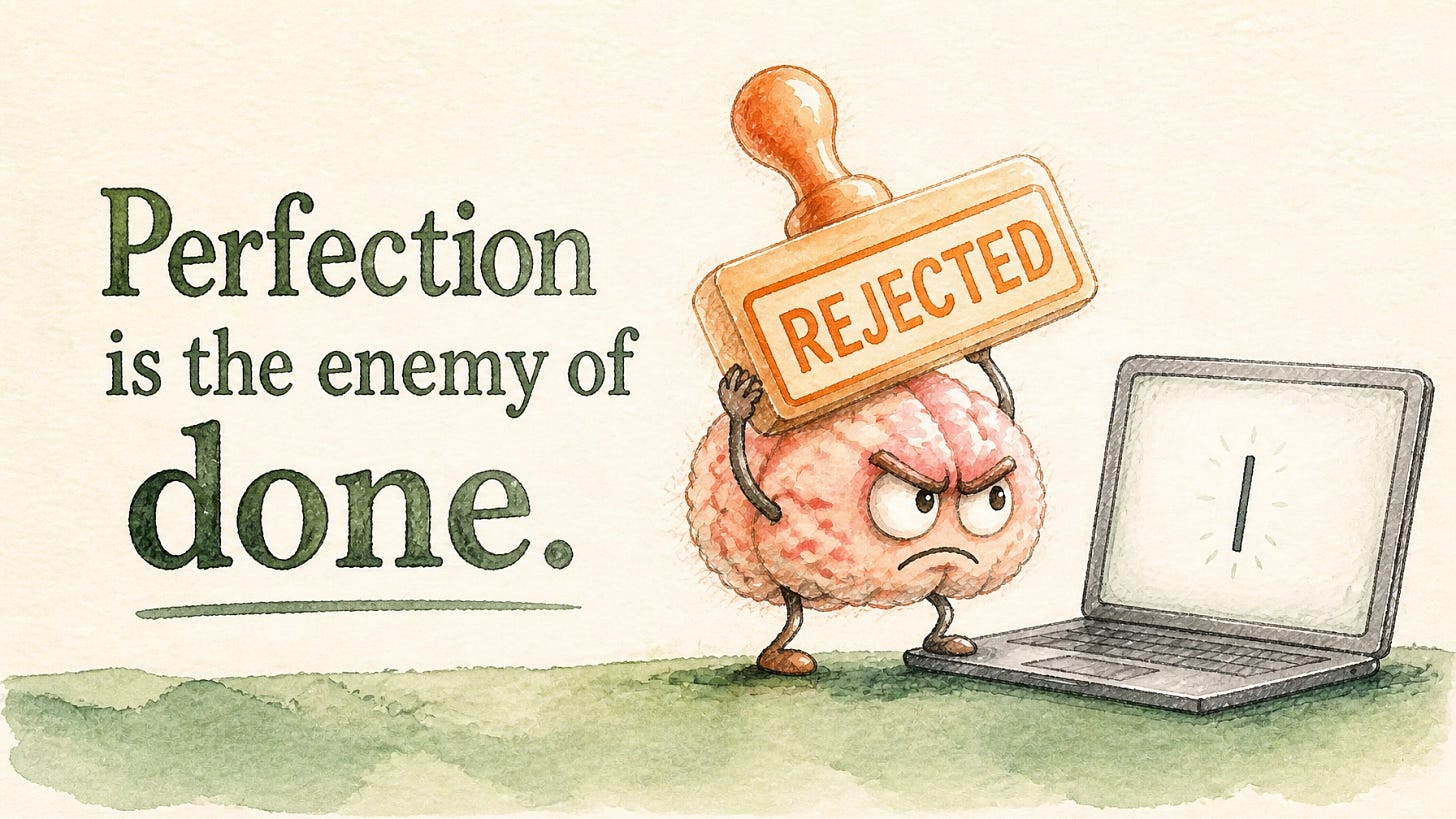 A grumpy brain silhouette clutches a large 'REJECTED' stamp and glares at a blinking cursor on an otherwise empty page.