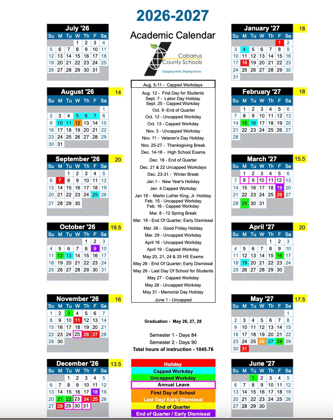 Cabarrus County school board approves 2026–27 academic calendars