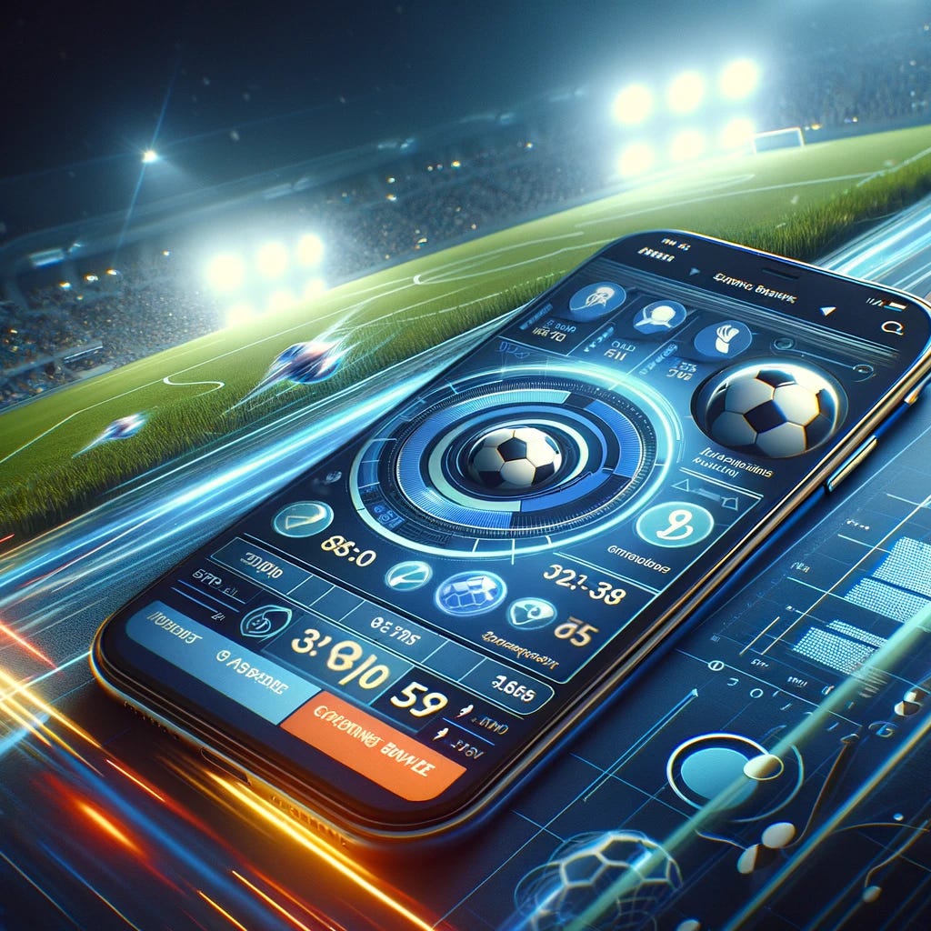An image of a cutting-edge sports betting app on a smartphone, featuring a dynamic and intuitive interface. The app should display various sports, betting odds, and account balance, all in a visually appealing and easy-to-navigate layout. The phone should be set against a backdrop that suggests activity and engagement, symbolizing the fast-paced world of sports betting.