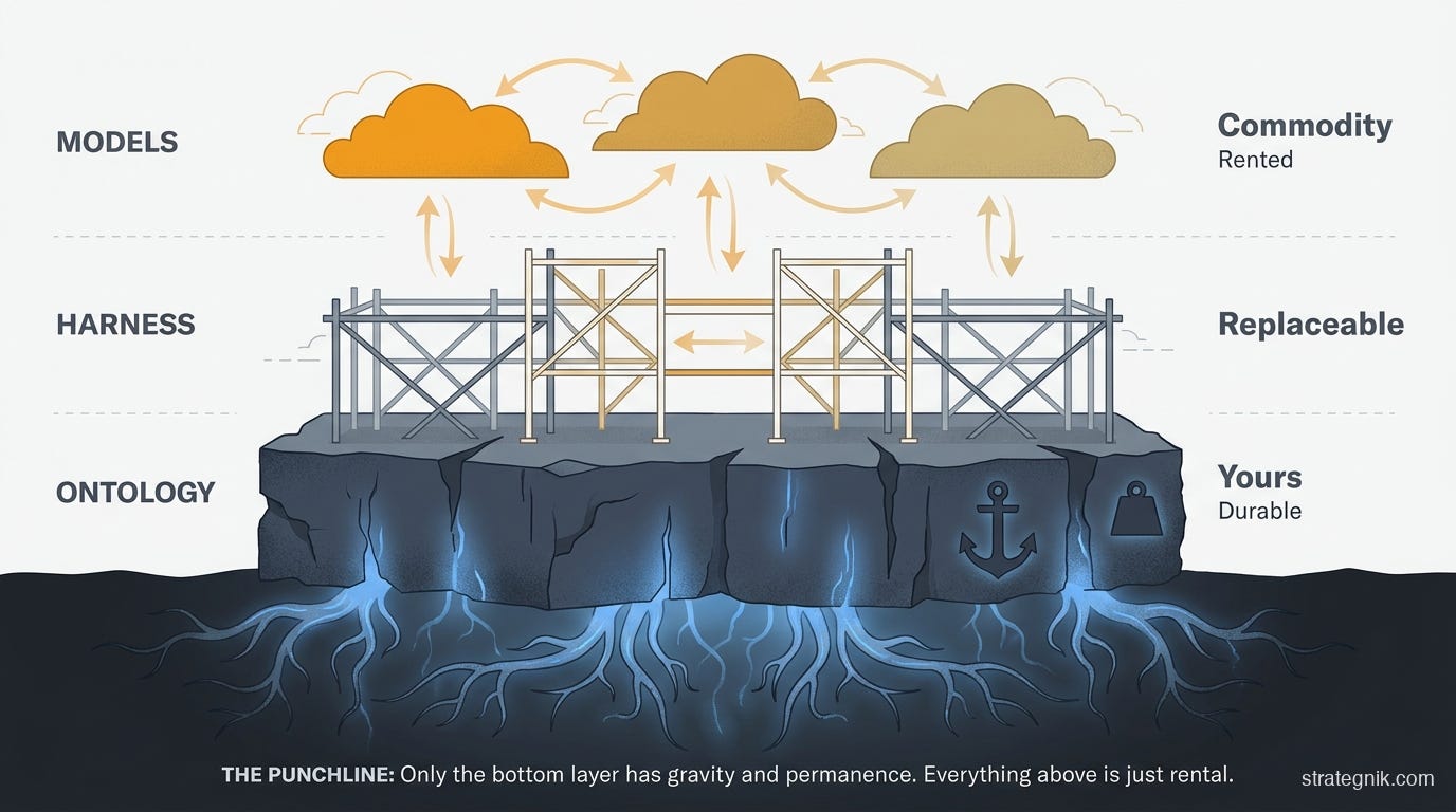 Three-layer stack showing Models (commodity, rented) and Harness (replaceable) floating above Ontology — the only layer with gravity, roots, and permanence Three-layer stack showing Models (commodity, rented) and Harness (replaceable) floating above Ontology — the only layer with gravity, roots, and permanence