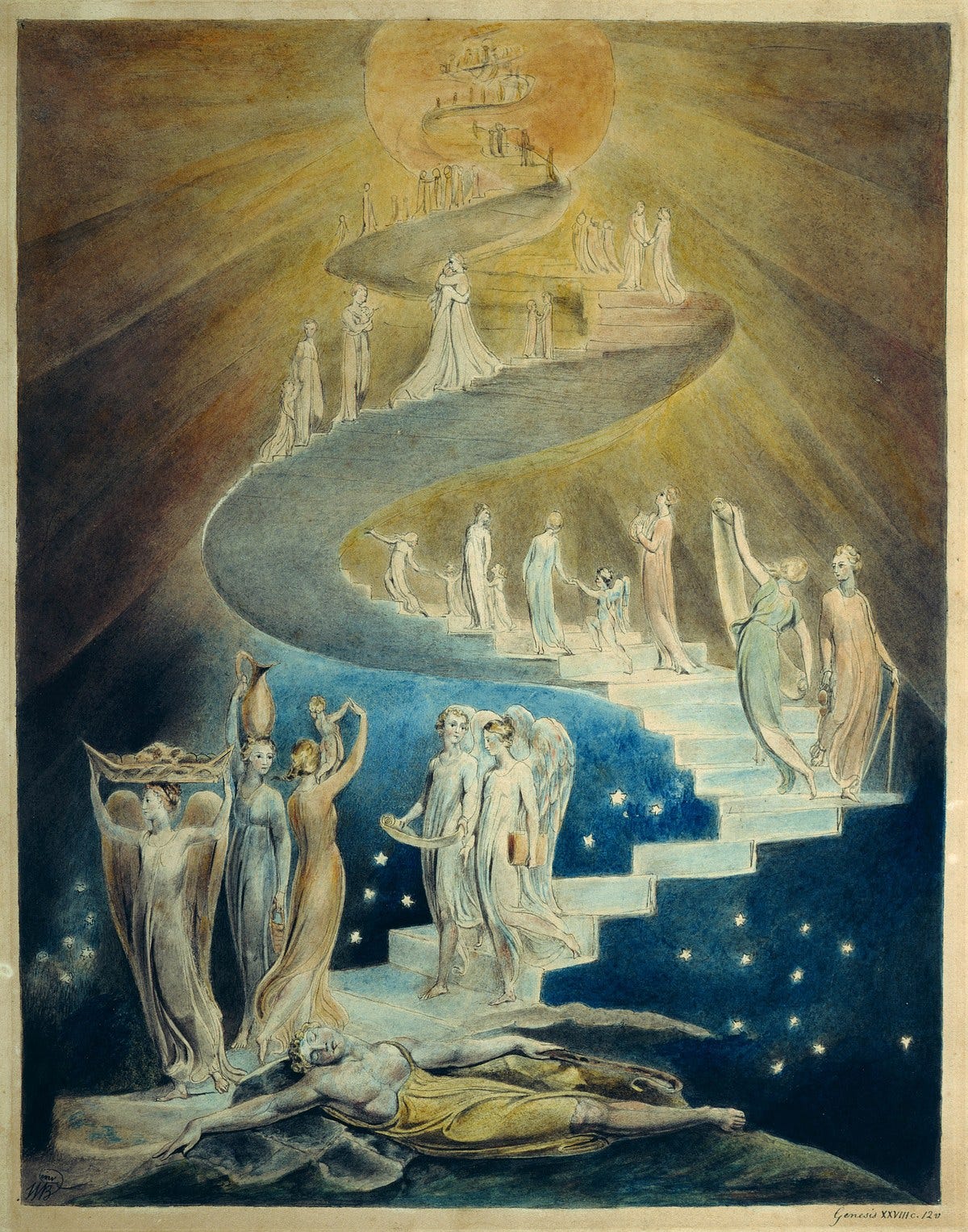 William Blake's watercolor of Jacob's Ladder: a spiral staircase of figures climbing from a sleeping man toward a radiant light William Blake's watercolor of Jacob's Ladder: a spiral staircase of figures climbing from a sleeping man toward a radiant light