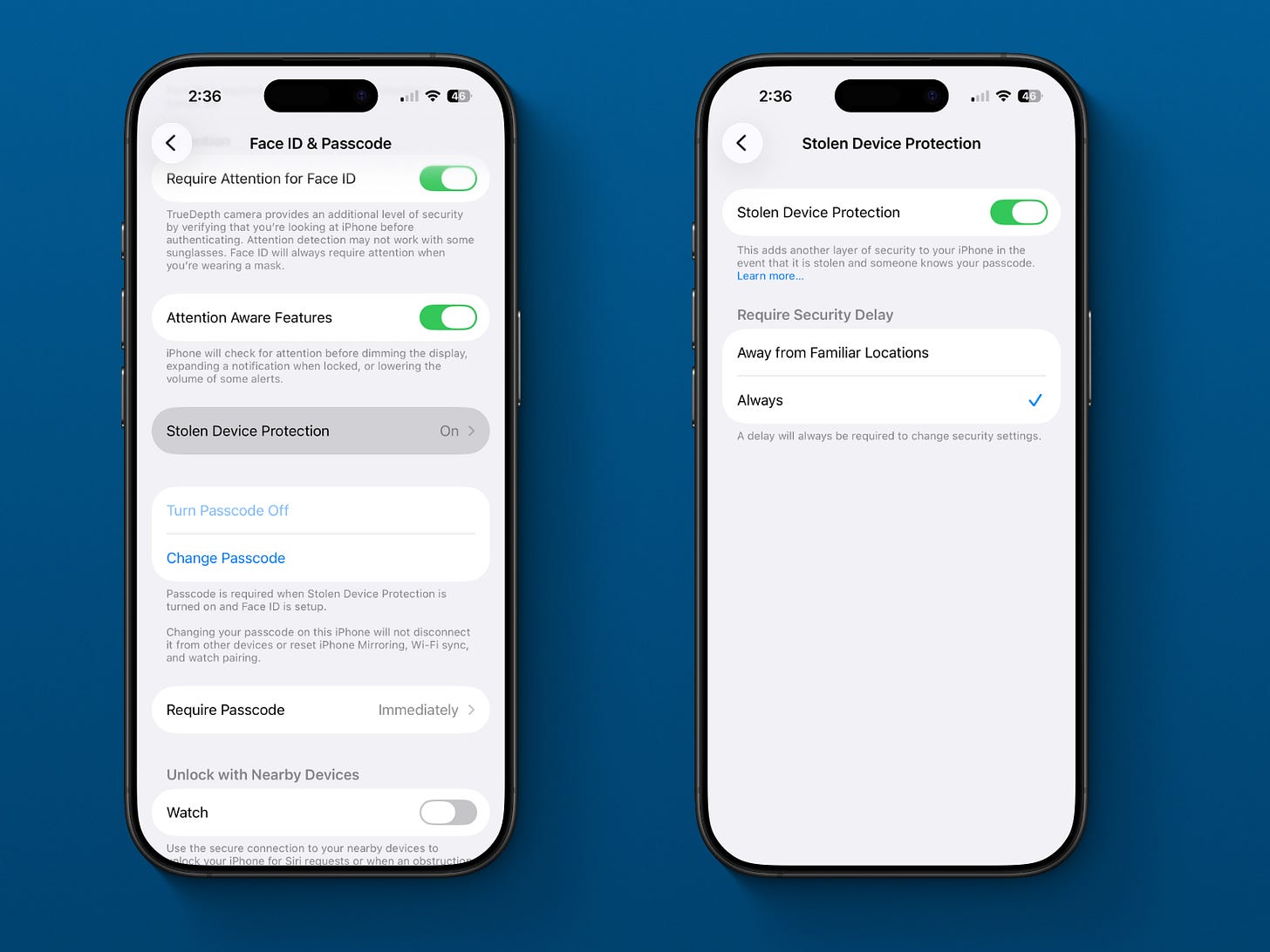 Two iPhone settings screens showing Stolen Device Protection enabled and security delays required for sensitive account changes. Two iPhone settings screens showing Stolen Device Protection enabled and security delays required for sensitive account changes.