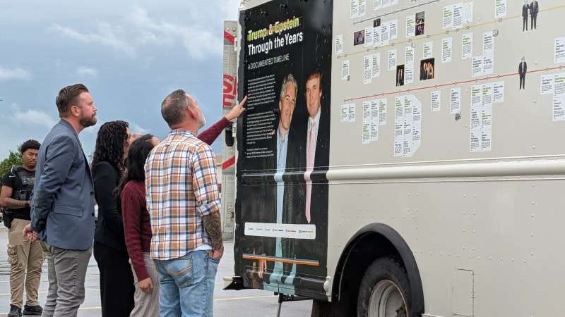 Dan Osborn, Independent candidate for US Senate in Nebraska, visits with Epstein survivors during a file-bookmobile tour stop in Omaha on Sunday, Sept. 13, 2026. | Photo: Chase Porter/Courier Nebraska Dan Osborn, Independent candidate for US Senate in Nebraska, visits with Epstein survivors during a file-bookmobile tour stop in Omaha on Sunday, Sept. 13, 2026. | Photo: Chase Porter/Courier Nebraska