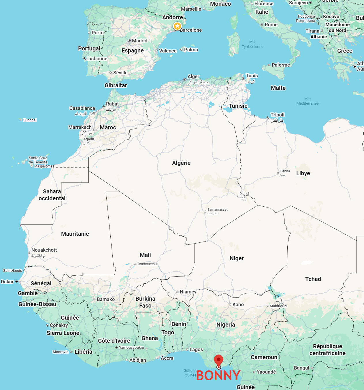Carte du Nigeria avec le nom de Bonny mis en évidence en rouge. L’image situe ce terminal pétrolier du delta du Niger dans un pays producteur de brut, mais confronté à une crise des carburants raffinés et à une forte vulnérabilité énergétique.