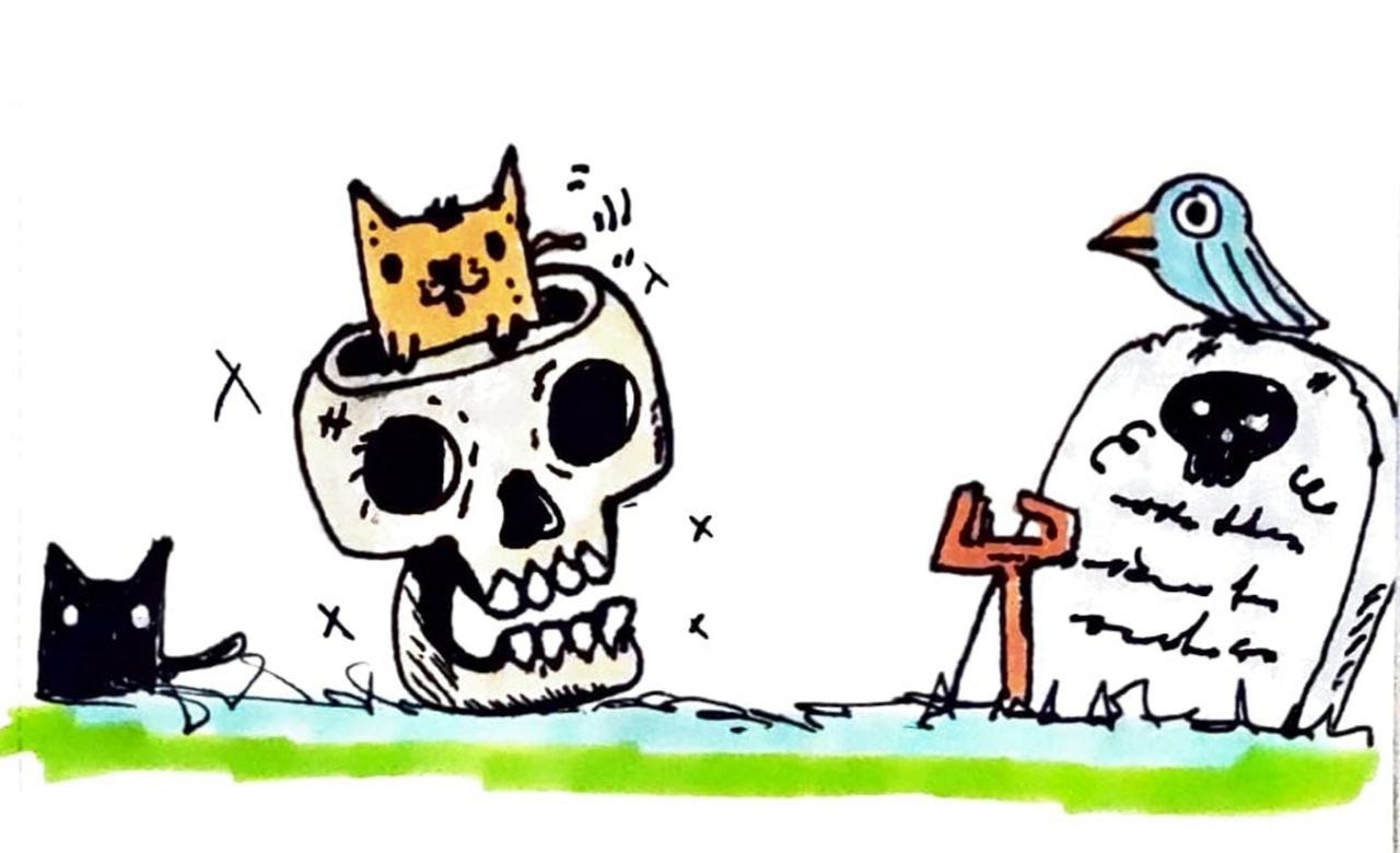 um gato preto, um cachorro amarelo saindo de um cranio, e um passaro azul sobre uma lapide, todos desenhados e coloridos com marcadores um gato preto, um cachorro amarelo saindo de um cranio, e um passaro azul sobre uma lapide, todos desenhados e coloridos com marcadores