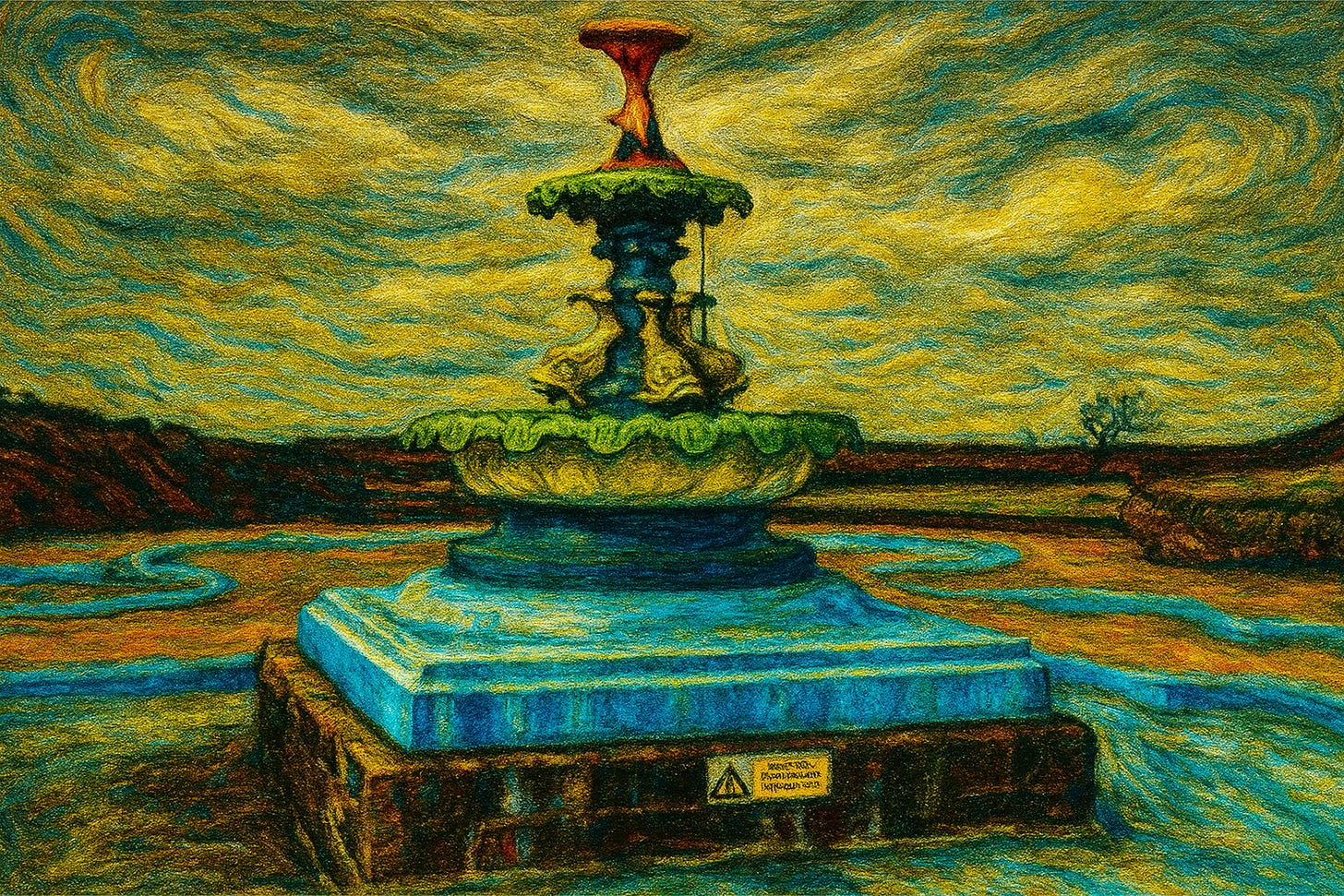 Expressionist oil painting of the Skegness Fairy Dell fountain. The ornate, tiered structure with fish and scallop details sits on a blue base, painted in vibrant greens, blues, and reds. Swirling brushstrokes render the cloudy grey sky and surrounding landscape, giving the seaside landmark a surreal, nightmarish atmosphere. Expressionist oil painting of the Skegness Fairy Dell fountain. The ornate, tiered structure with fish and scallop details sits on a blue base, painted in vibrant greens, blues, and reds. Swirling brushstrokes render the cloudy grey sky and surrounding landscape, giving the seaside landmark a surreal, nightmarish atmosphere.
