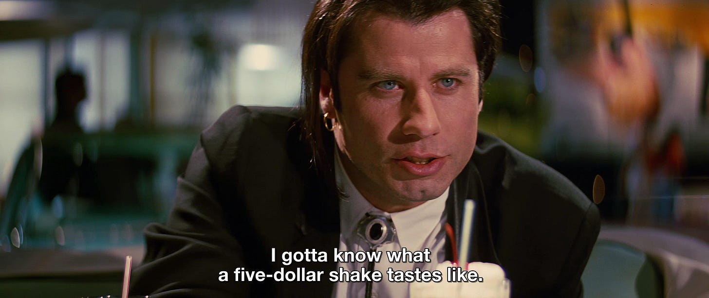 In Pulp Fiction (1994) the character Vincent wanted to know what a $5  Milkshake tastes like because he didn't want to wait till 2024 to find out.  : r/shittymoviedetails