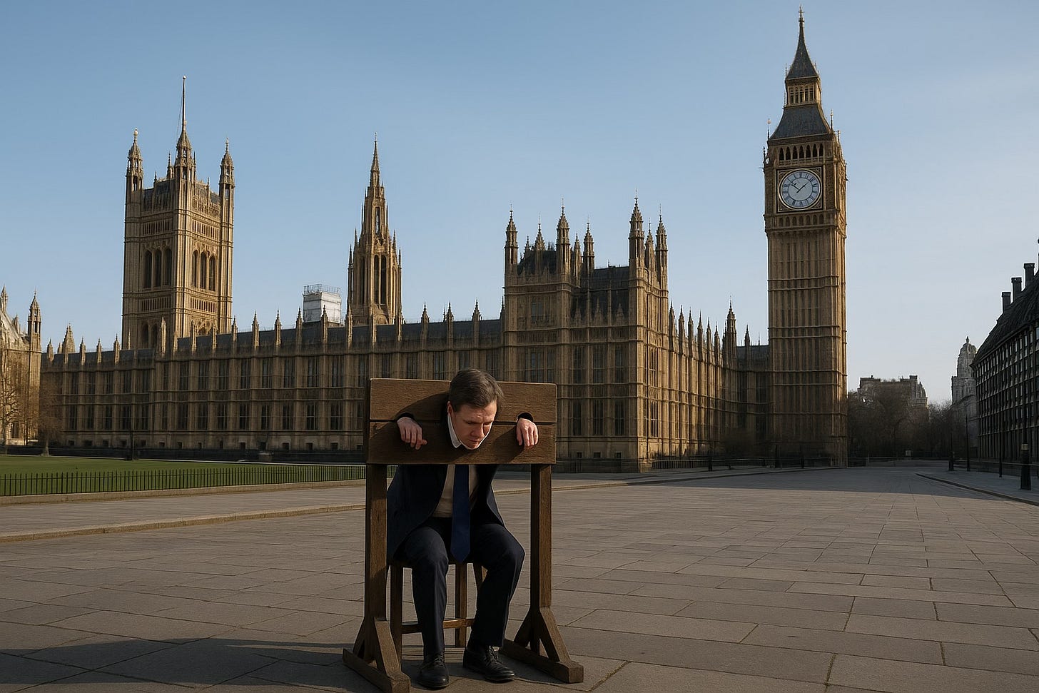 AI generated image of a solitary MP in the stocks on Parliament Square