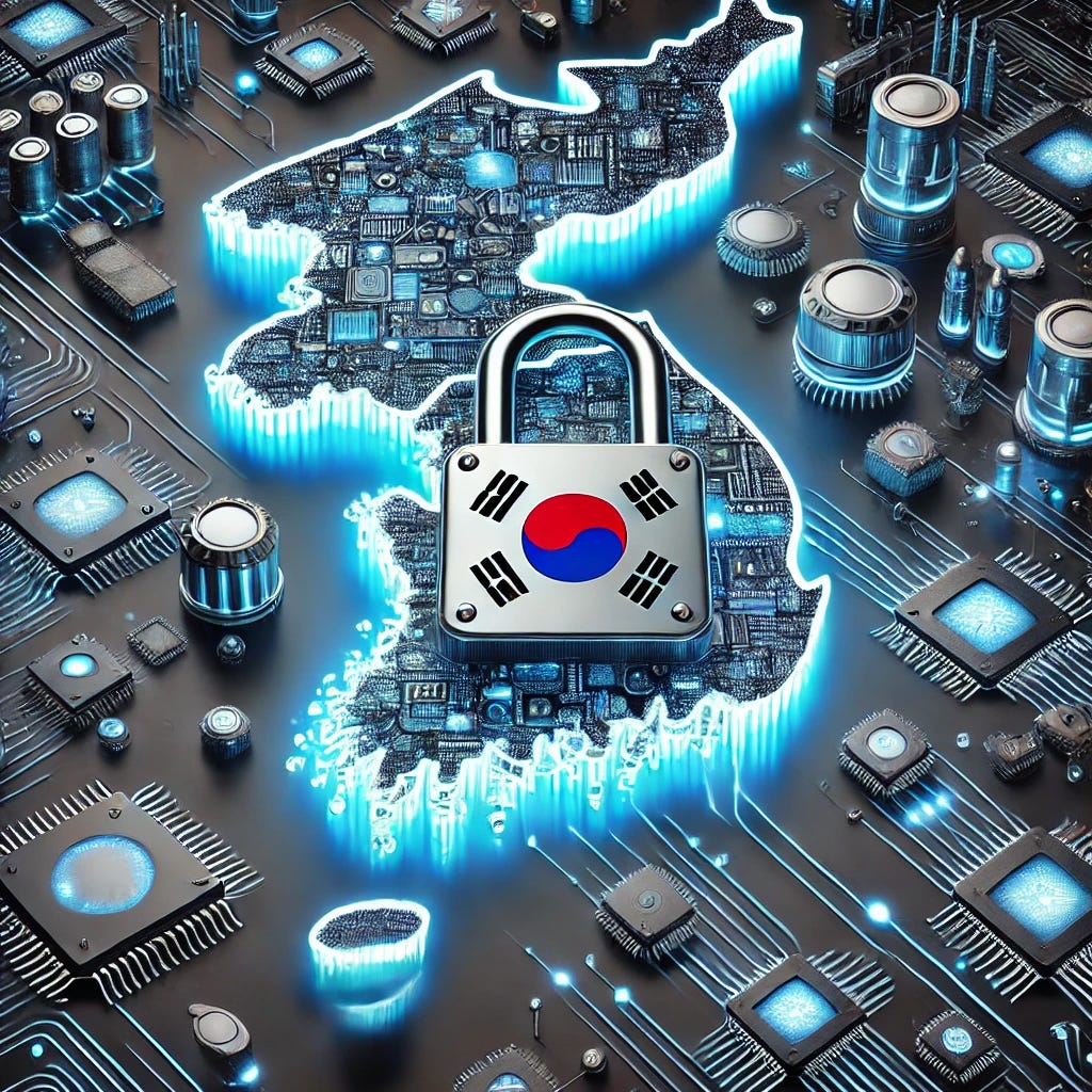 A digital illustration of the map of South Korea covered in high-tech items like computer chips, smartphones, futuristic robots, and advanced circuit boards. The entire country is overlaid with a large, metallic padlock, symbolizing the protection and safeguarding of technology. The background is a sleek, dark tech-themed design with glowing blue circuitry, emphasizing cybersecurity and innovation. The padlock is centered and closed, conveying strong security. The overall tone is futuristic and high-tech, with glowing elements and clean lines.