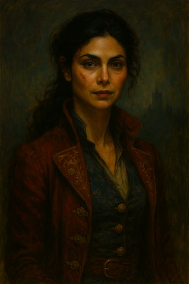 Portrait of Ezmerelda D'Avenir, inspired by Morena Baccarin. She stands in a misty clearing near Lake Baratok, her cloak torn and bloodied, silvered sword at her side. Her expression is fierce and composed, one eye shadowed with blood, the other sharp with resolve. Her hair is dark and windswept, and her vambrace glows faintly with arcane glyphs. The background is foggy and ethereal, with hints of a crimson-and-gold Vistani wagon behind her. The atmosphere is cinematic, gothic, and magical. Portrait of Ezmerelda D'Avenir, inspired by Morena Baccarin. She stands in a misty clearing near Lake Baratok, her cloak torn and bloodied, silvered sword at her side. Her expression is fierce and composed, one eye shadowed with blood, the other sharp with resolve. Her hair is dark and windswept, and her vambrace glows faintly with arcane glyphs. The background is foggy and ethereal, with hints of a crimson-and-gold Vistani wagon behind her. The atmosphere is cinematic, gothic, and magical.