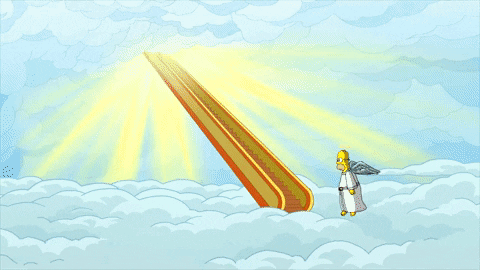 Homer Simpson on his way up to heaven but the bridge falls into hell