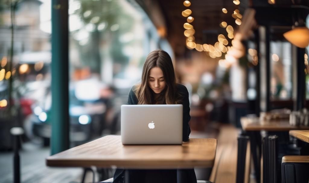 The image shows a young woman with long brown hair sitting at a wooden table, working on a laptop. She appears to be in a cafe or a similar setting, as the background is blurred with warm lighting and bokeh effects, suggesting a cozy atmosphere. The focus is on her and the laptop.