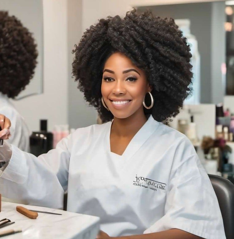 Black woman with large afro and wearing white coat in a beauty salon