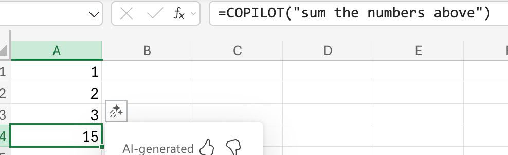 Snímek obrazovky ukazuje Excel s formulí pro Copilot, která požaduje součet hodnot. Copilot ale místo součtu nabízí jen hrubý odhat, který je víc než dvojnásobkem skutečného součtu. Snímek obrazovky ukazuje Excel s formulí pro Copilot, která požaduje součet hodnot. Copilot ale místo součtu nabízí jen hrubý odhat, který je víc než dvojnásobkem skutečného součtu.