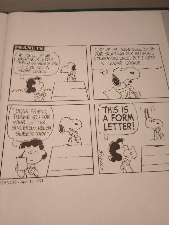 Lucy and Snoopy discussing Miss Sweetstory's reply to his fan letter