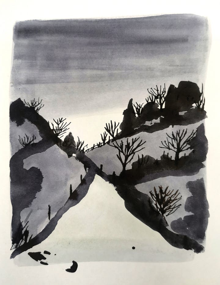 five black ink paintings of rural roads in winter. varying quality.