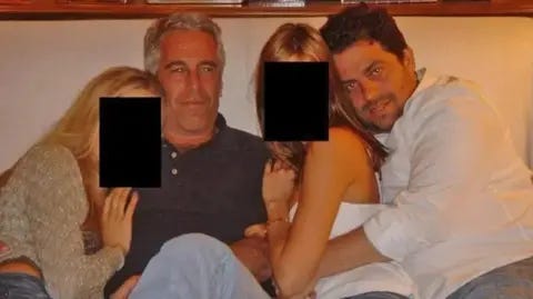 US Department of Justice Brett Ratner and Jeffrey Epstein embrace women as they sit on a sofa together in an undated photo