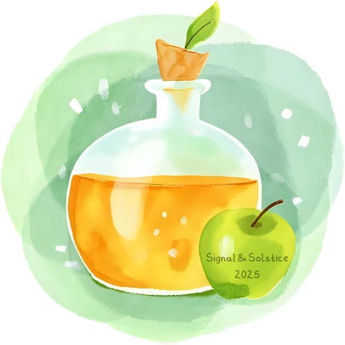 watercolor image of a decanter of homemade apple whisky against a green background and a granny smith apple at its side with the label: Signal & Solstice 2025 watercolor image of a decanter of homemade apple whisky against a green background and a granny smith apple at its side with the label: Signal & Solstice 2025
