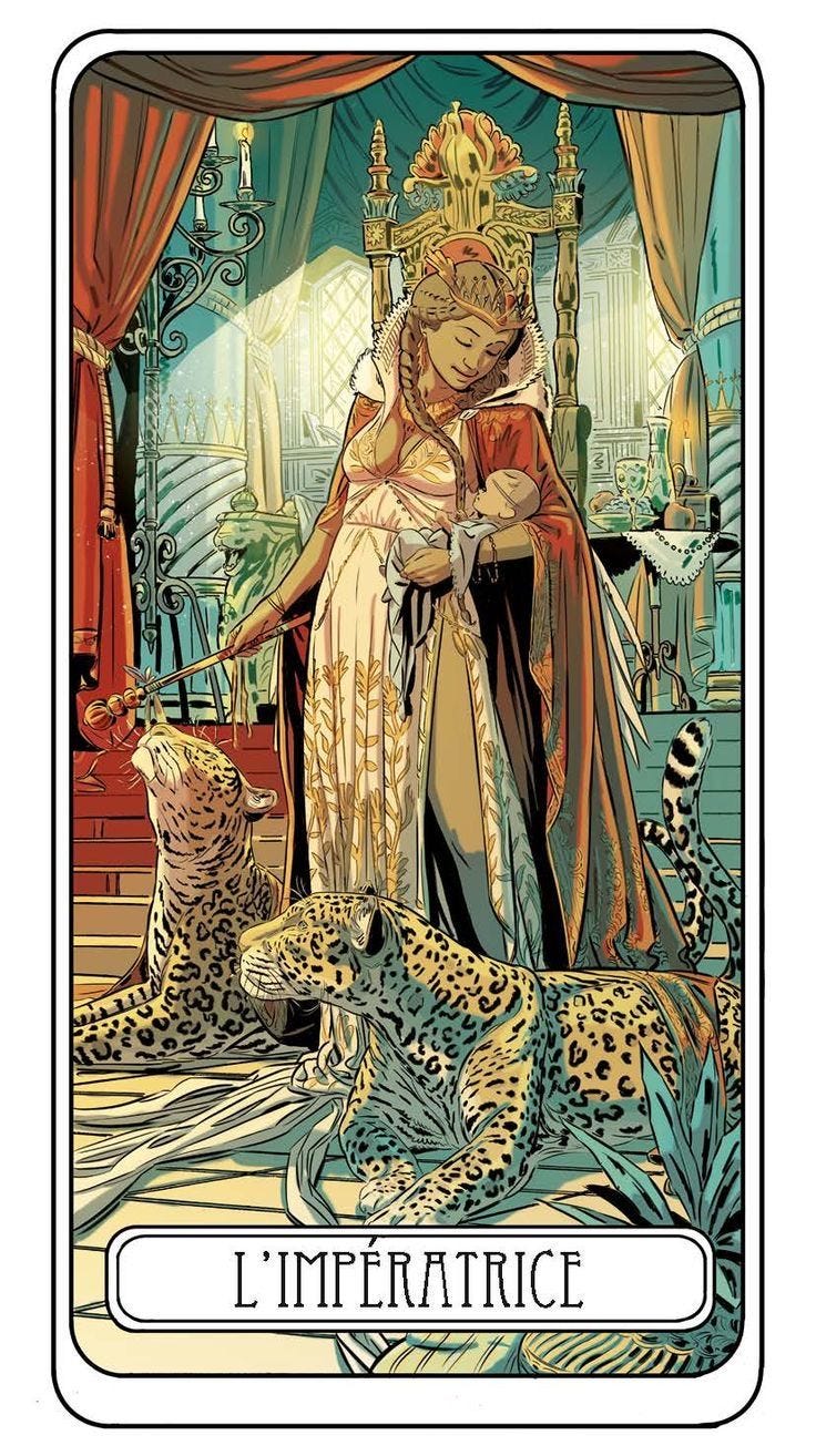 This may contain: a tarot card with an image of a woman sitting on a leopard