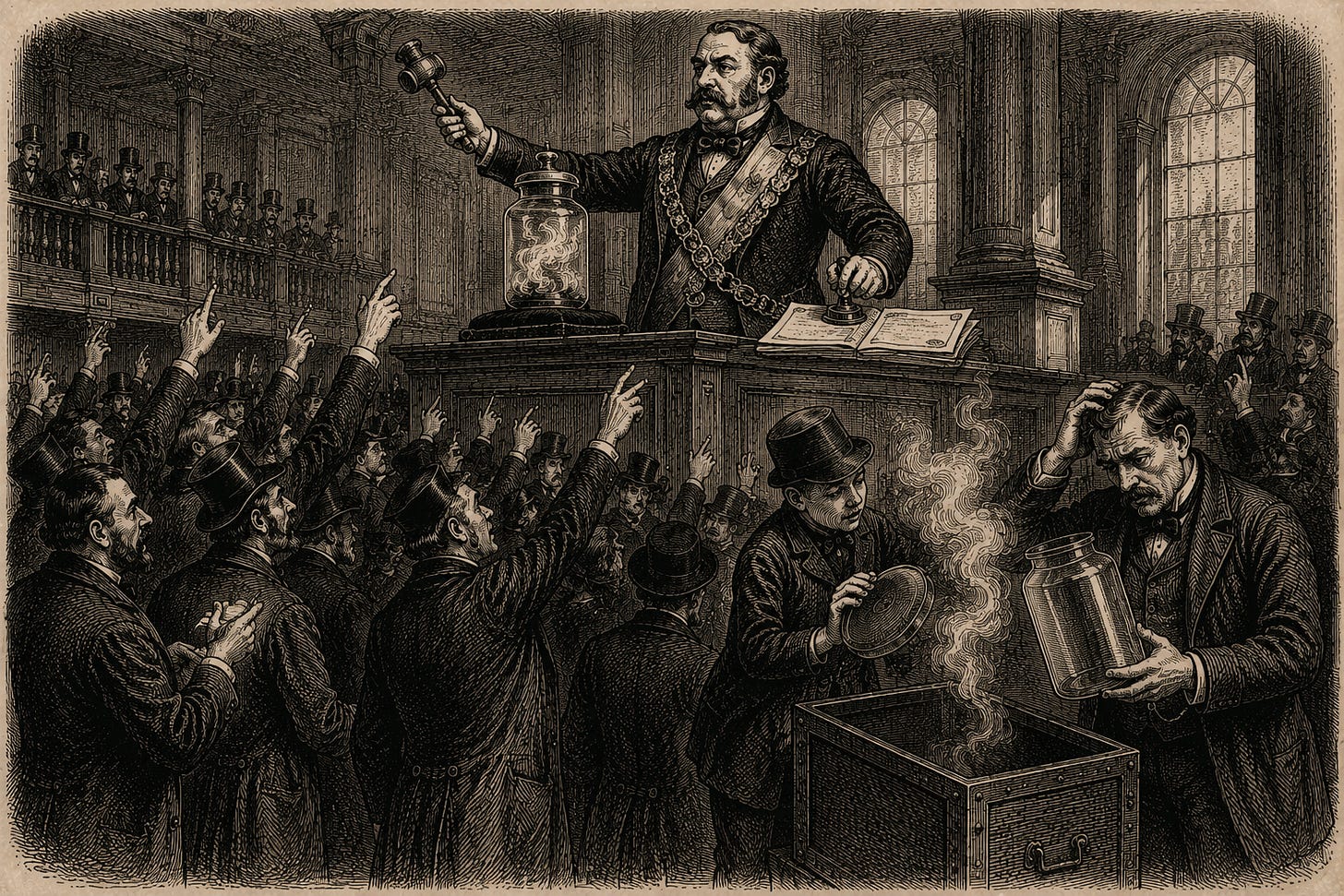Wood-engraving editorial illustration in the Thomas Nast Harper's Weekly style for Attention Capital's essay The Default Nobody Declared, depicting the self-grading structure of the digital ad market. An auctioneer wearing an inspector's sash and magistrate's chain sells a sealed jar of smoke while stamping his own certificates, as a merchant in the foreground opens a purchased jar to find it empty. The image argues the essay's Section II finding: the platforms define the metric, sell the inventory, and certify the result, the arrangement behind the Facebook video-metrics episode. Keywords: programmatic advertising, ad measurement, Facebook video metrics, self-graded metrics, digital advertising accountability.