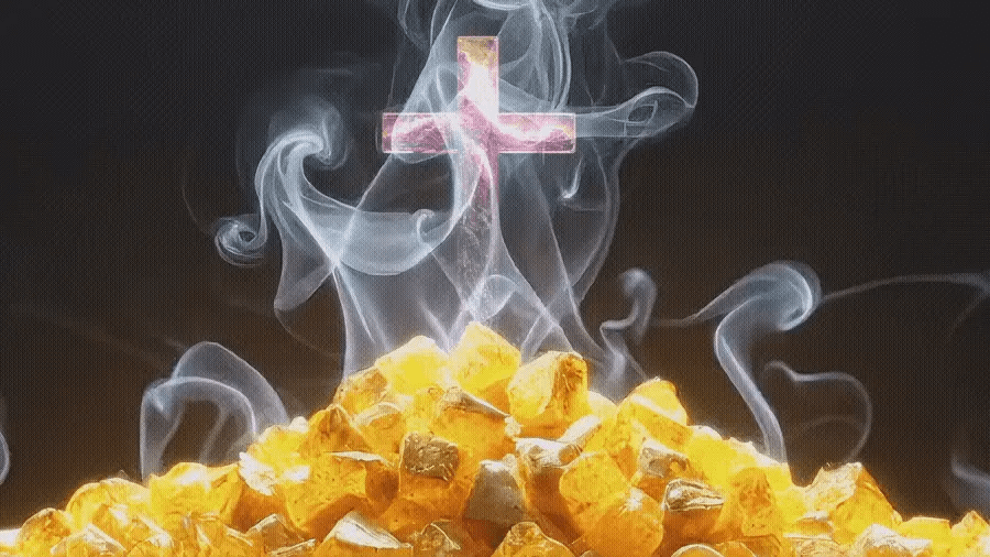 A mountain of myrrh with swirling smoke and a glowing cross at its peak, depicting the Messianic and End Times prophecy, from Song of Solomon 4:6. A mountain of myrrh with swirling smoke and a glowing cross at its peak, depicting the Messianic and End Times prophecy, from Song of Solomon 4:6.