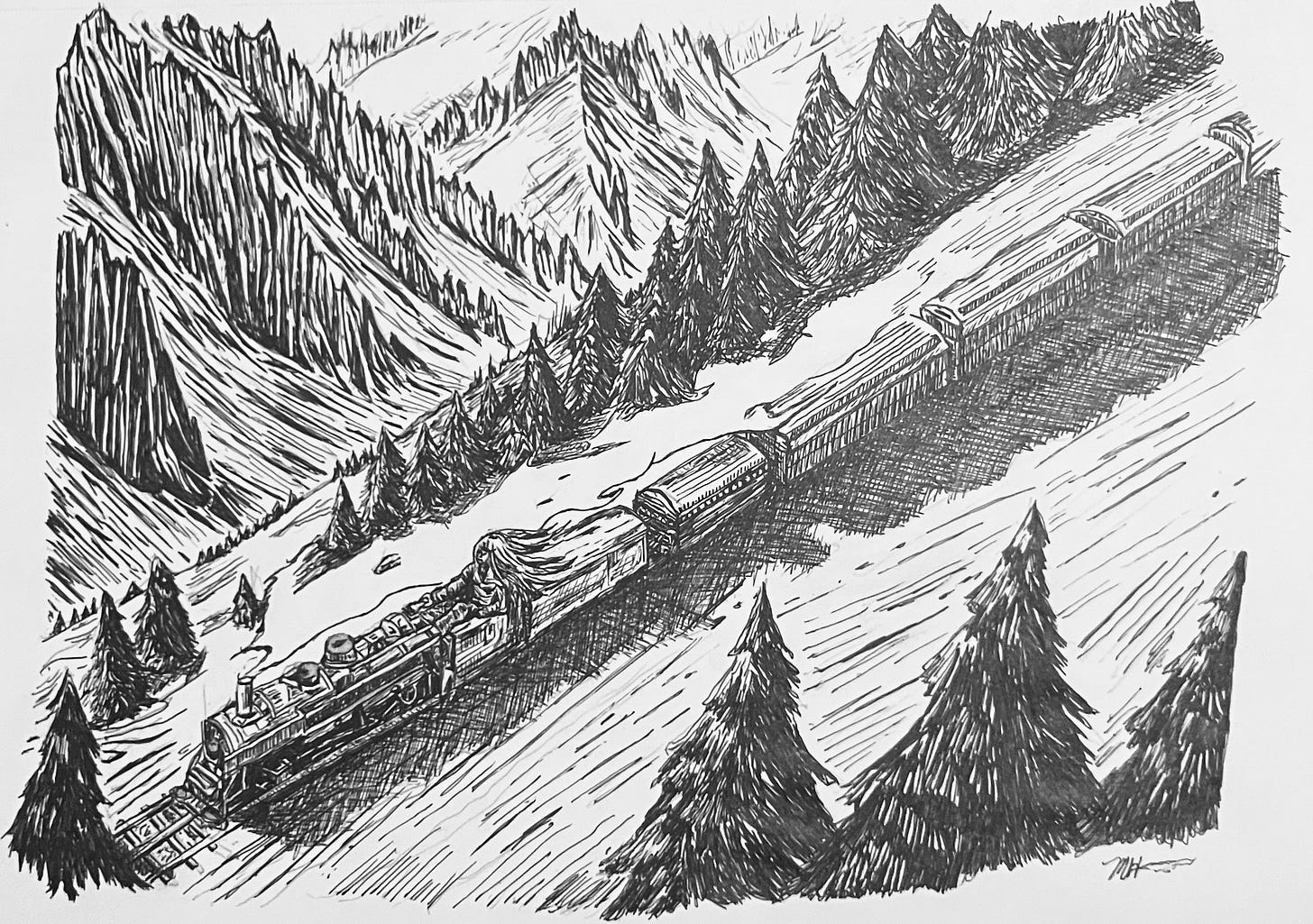 A train barrels through a snowy landscape. On board is a woman, disproportionally large for the size of the train, whose hair is flowing in the breeze 