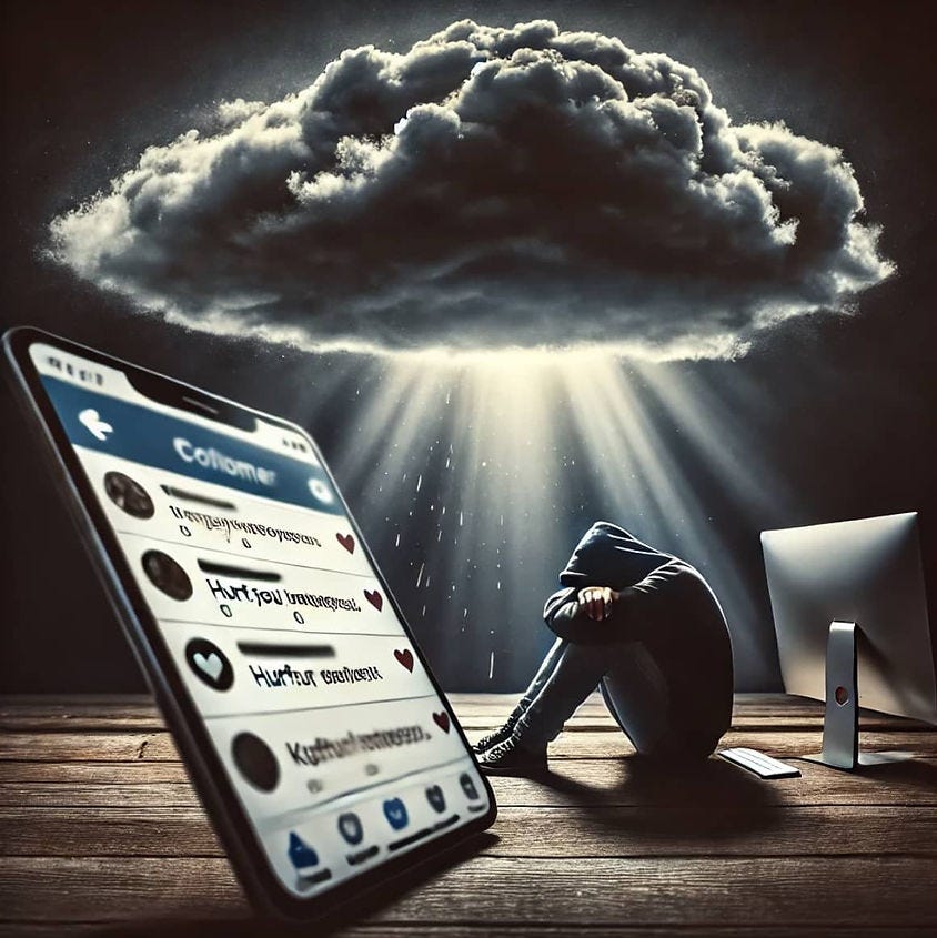 AI image of social media on phone next to crying person and a rain cloud
