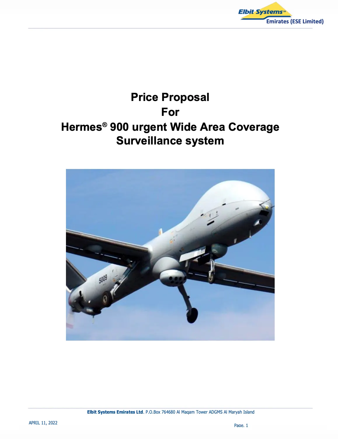 غلاف وثيقة عرض أسعار من شركة Elbit Systems Emirates