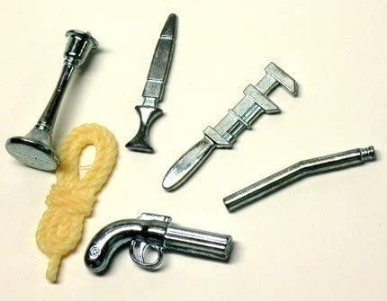 Clue Board Game Replacement Weapons Set (6) Pewter Rope Candlestick Dagger  Wrench Lead Pipe Revolver