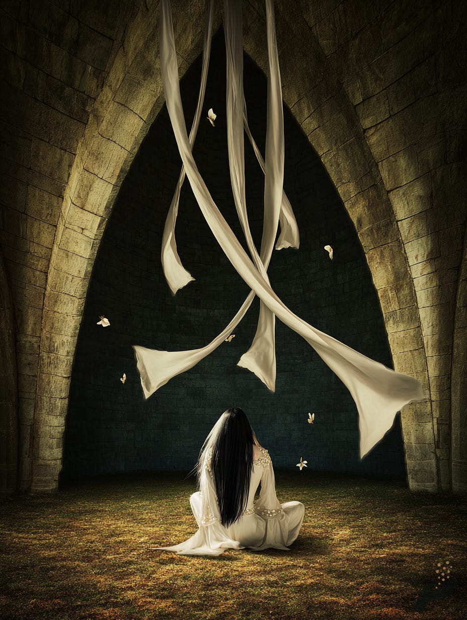 Surreal artwork of a seated figure in a white dress beneath long white ribbon-like forms hanging inside a stone archway, with a dark background and tiny glowing specks.