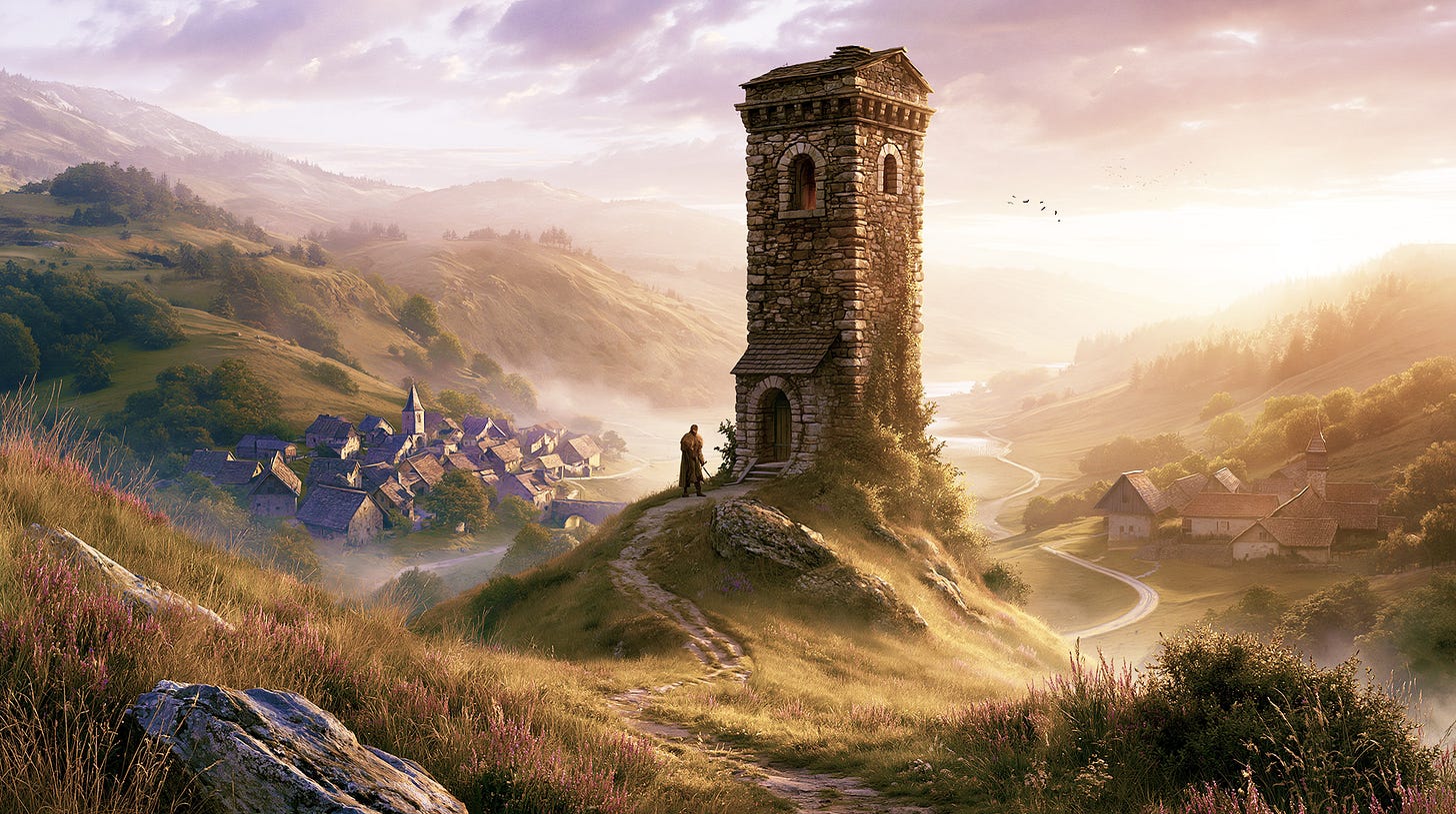 A traveler stands beside a watchtower overlooking a peaceful village at sunrise, suggesting reflection, awareness, and responsibility.