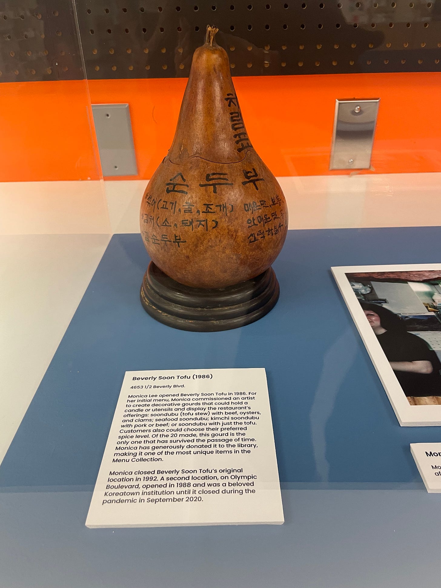 A 40-year-old Beverly Soon Tofu menu handwritten on a dried gourd