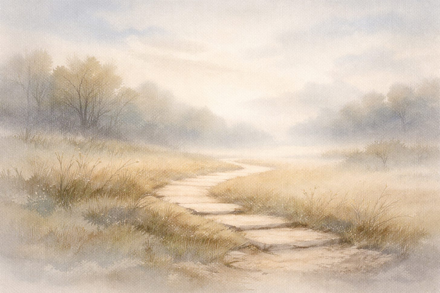 Soft watercolor of a narrow path winding through a misty field at dawn, symbolizing moving forward with focus, simplicity, and one gentle step at a time. Soft watercolor of a narrow path winding through a misty field at dawn, symbolizing moving forward with focus, simplicity, and one gentle step at a time.