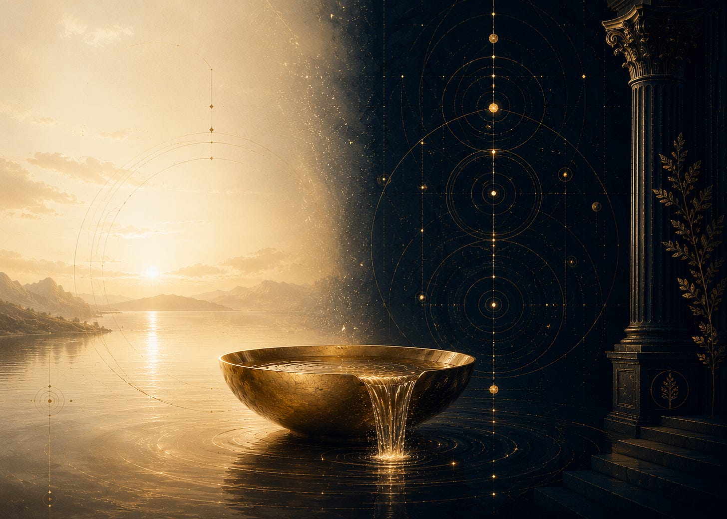 Wide surreal editorial image in cream, navy, and gold tones. A glowing golden bowl overflows into reflective water at the center of the composition. The left side features a luminous cream landscape with calm water, distant mountains, and faint geometric circular linework emerging into the sky. The right side transitions into a deep navy celestial architectural world with glowing gold sacred geometry, cosmic patterns, and a towering ornate column. The atmosphere feels calm, expansive, mystical, and emotionally spacious, symbolizing prosperity as inner circulation and alignment rather than material excess. Wide surreal editorial image in cream, navy, and gold tones. A glowing golden bowl overflows into reflective water at the center of the composition. The left side features a luminous cream landscape with calm water, distant mountains, and faint geometric circular linework emerging into the sky. The right side transitions into a deep navy celestial architectural world with glowing gold sacred geometry, cosmic patterns, and a towering ornate column. The atmosphere feels calm, expansive, mystical, and emotionally spacious, symbolizing prosperity as inner circulation and alignment rather than material excess.