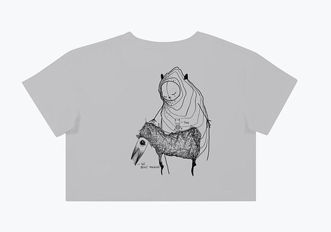 shirts with an a fine print art design with strange creatures everything in black and white and grey