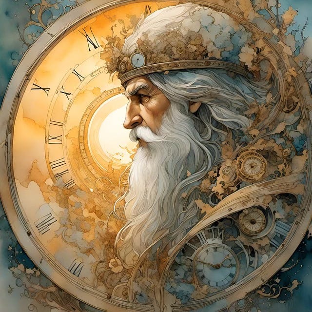 profile of a beautiful old sage with a crown of small clocks and elaborate beard, with his face backlit by a huge clock face, golden with roman numerals profile of a beautiful old sage with a crown of small clocks and elaborate beard, with his face backlit by a huge clock face, golden with roman numerals