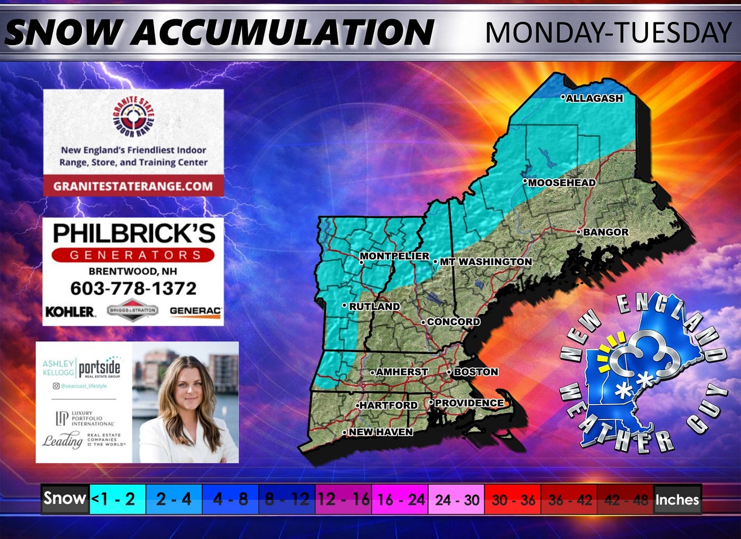 May be an image of map and text that says 'SNOW ACCUMULATION New England's Friendliest Indoor Range, Store, and Training Center MONDAY-TUESDAY •ALLAGASH GRANITESTATERANGE.COM 'MOOSEHEAD PHILBRICK'S GENERATORS G BRENTWOOD, NH 603-778-1372 KOHLER. GENERAC BRIGGSLSTMMTION BANGOR MONTPELIER MONTPELIER.MTWASHINGTON •MTWASHINGTON RUTLAND ASHLEY KELLOGG portside G #ecaR Mfestyle •CONCORD INTERNATIONAL Leading THEWOBLE WOBLD REALESTATE ALESTATE REALSSTATE AMHERST •BOSTON •HARTFORD OPROVIDENCE -NEW NEWHAVEN HAVEN ENELAU Snow <1 <1-2 2 2-4 4-8 8-12 12-16 12 16 16 24 24 30 30 36 30-36 36 42 Inches' May be an image of map and text that says 'SNOW ACCUMULATION New England's Friendliest Indoor Range, Store, and Training Center MONDAY-TUESDAY •ALLAGASH GRANITESTATERANGE.COM 'MOOSEHEAD PHILBRICK'S GENERATORS G BRENTWOOD, NH 603-778-1372 KOHLER. GENERAC BRIGGSLSTMMTION BANGOR MONTPELIER MONTPELIER.MTWASHINGTON •MTWASHINGTON RUTLAND ASHLEY KELLOGG portside G #ecaR Mfestyle •CONCORD INTERNATIONAL Leading THEWOBLE WOBLD REALESTATE ALESTATE REALSSTATE AMHERST •BOSTON •HARTFORD OPROVIDENCE -NEW NEWHAVEN HAVEN ENELAU Snow <1 <1-2 2 2-4 4-8 8-12 12-16 12 16 16 24 24 30 30 36 30-36 36 42 Inches'