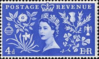 A blue and white stamp with a queen

AI-generated content may be incorrect.