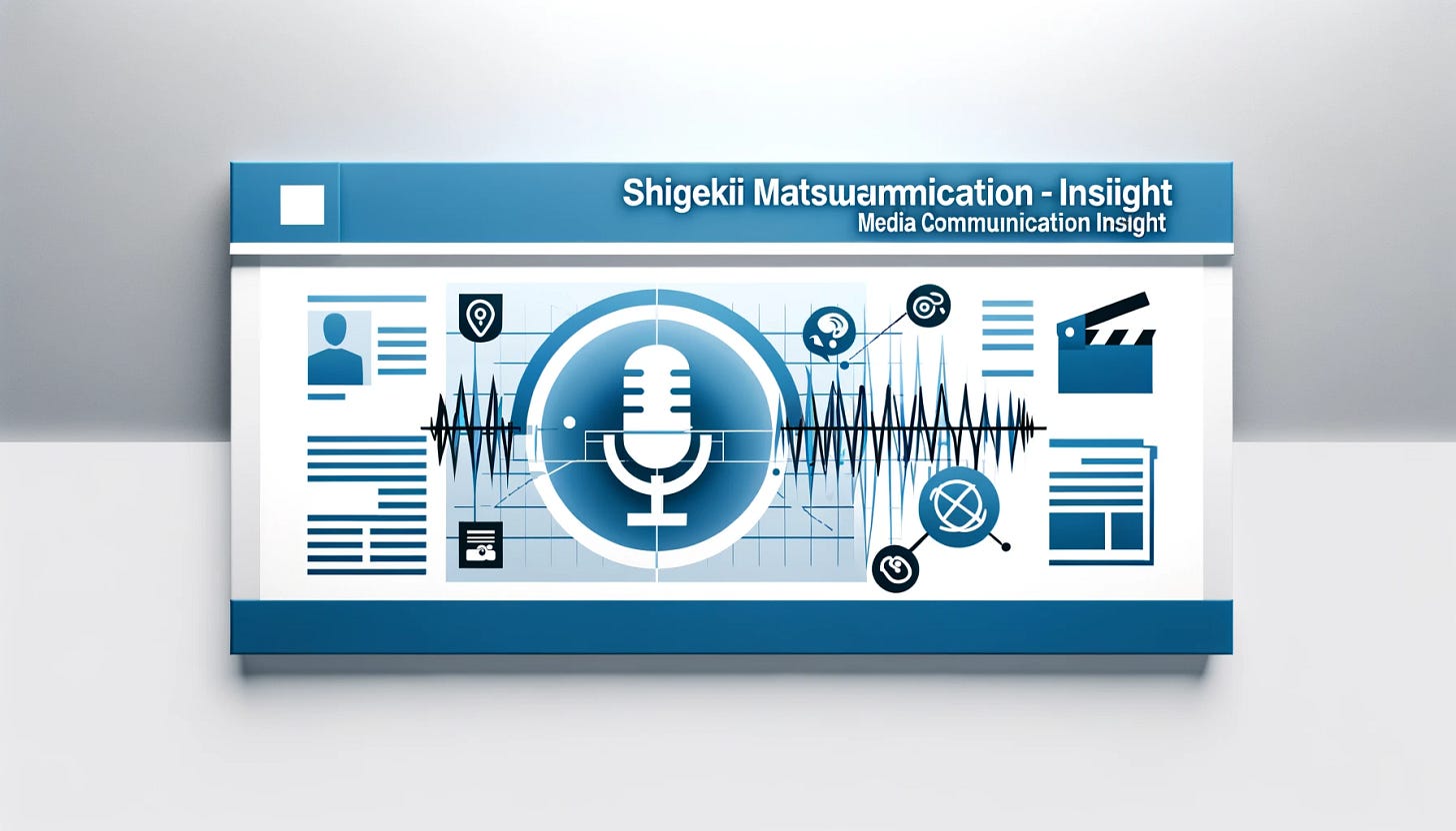 Create a 16:9 thumbnail image for 'Shigeki Matsuura's Media Communication Insight'. The design should be modern and professional, featuring elements such as a microphone, a newspaper, and social media icons. Use a color scheme that includes blue and white. Include the text 'Shigeki Matsuura's Media Communication Insight' prominently. The background can include subtle patterns related to media and communication, such as sound waves or network lines.